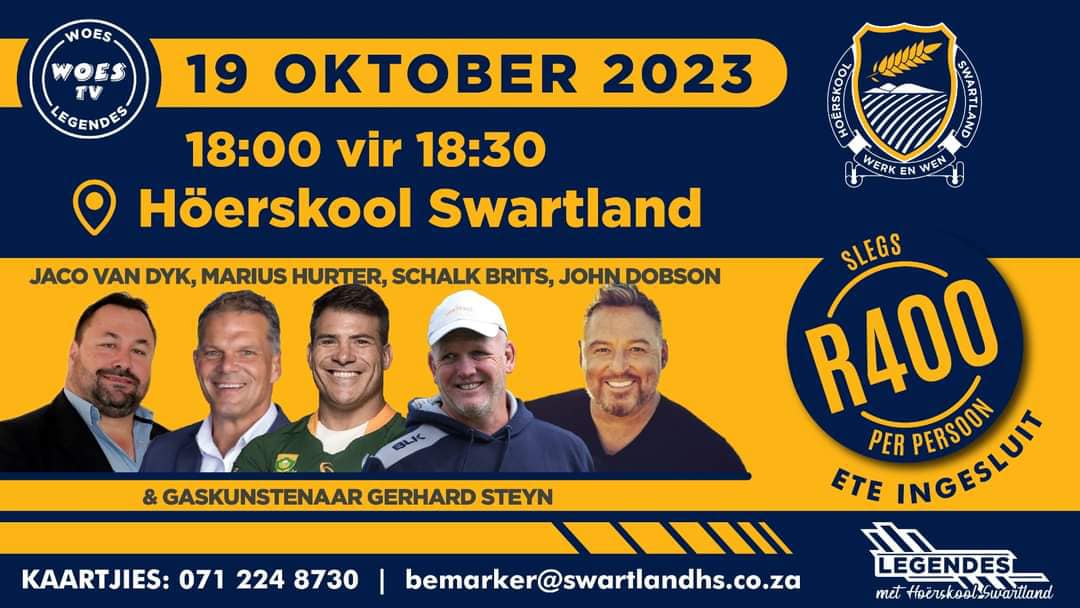 19 OKTOBER 2023 - NOG STEEDS ONSEKER OOR DIE SWARTLANDFEES? KOM WOON DAN OP DIE 19 OKTOBER DIE "AFSKOPAAND" VAN DIE SWARTLANDFEES BY HOËRSKOOL SWARTLAND, WAT DIEN AS 'N GOEIE VOORSMAKIE VAN HIERDIE LEKKER FEESVIERINGE OM 18:00 VIR 18:30.VIR SLEGS R400 PER PERSOON, GENIET JY 'N AAND VOL GESELSIES, KOS EN MUSIEK MET BEKENDES SOOS JACO VAN DYK, MARIUS HURTER, SCHALK BRITS, JOHN DOBSEN EN GERHARD STEYN. "OM ONS ALMAL IN DIE GEES TE KRY VIR DIE SWARTLANDFEES!"  