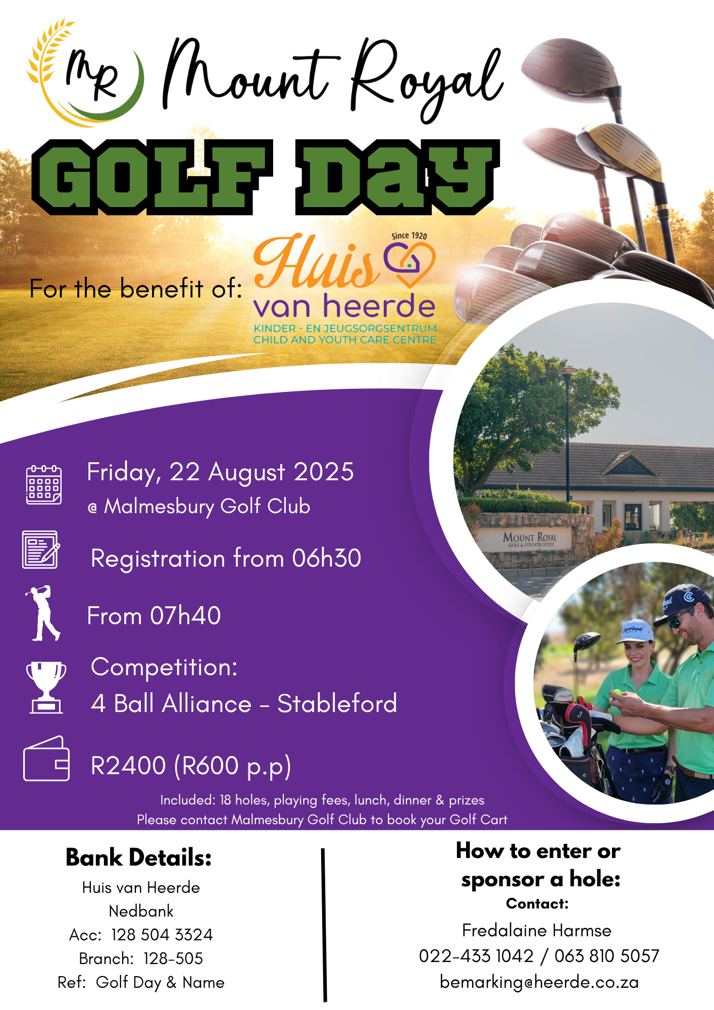 Join the Fun & Make a Difference! Mount Royal Golf Day in support of Huis van Heerde is coming up on 22 August 2025 at Malmesbury Golf Club! We’re calling on golfers, businesses, and donors – come swing for a cause! Enter your 4-ball team, Sponsor a hole, Make a donation, Help us uplift the lives of the children in our care – every swing supports their future! Contact Fredalaine to enter or sponsor: bemarking@heerde.co.za | 063 810 5057