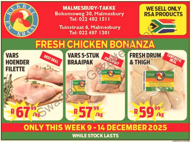Kom loer gerus in by Kekkel en Kraai Malmesbury in Bokomo Weg 30 vir spesiale aanbiedinge, en spaar groot. Geldig van die 9 - 14 Desember 2025. Terwyl voorraad hou! "Bulk Buyers are very welcome". Kekkel en Kraai - Van die Plaas, Na die Tafel.!
