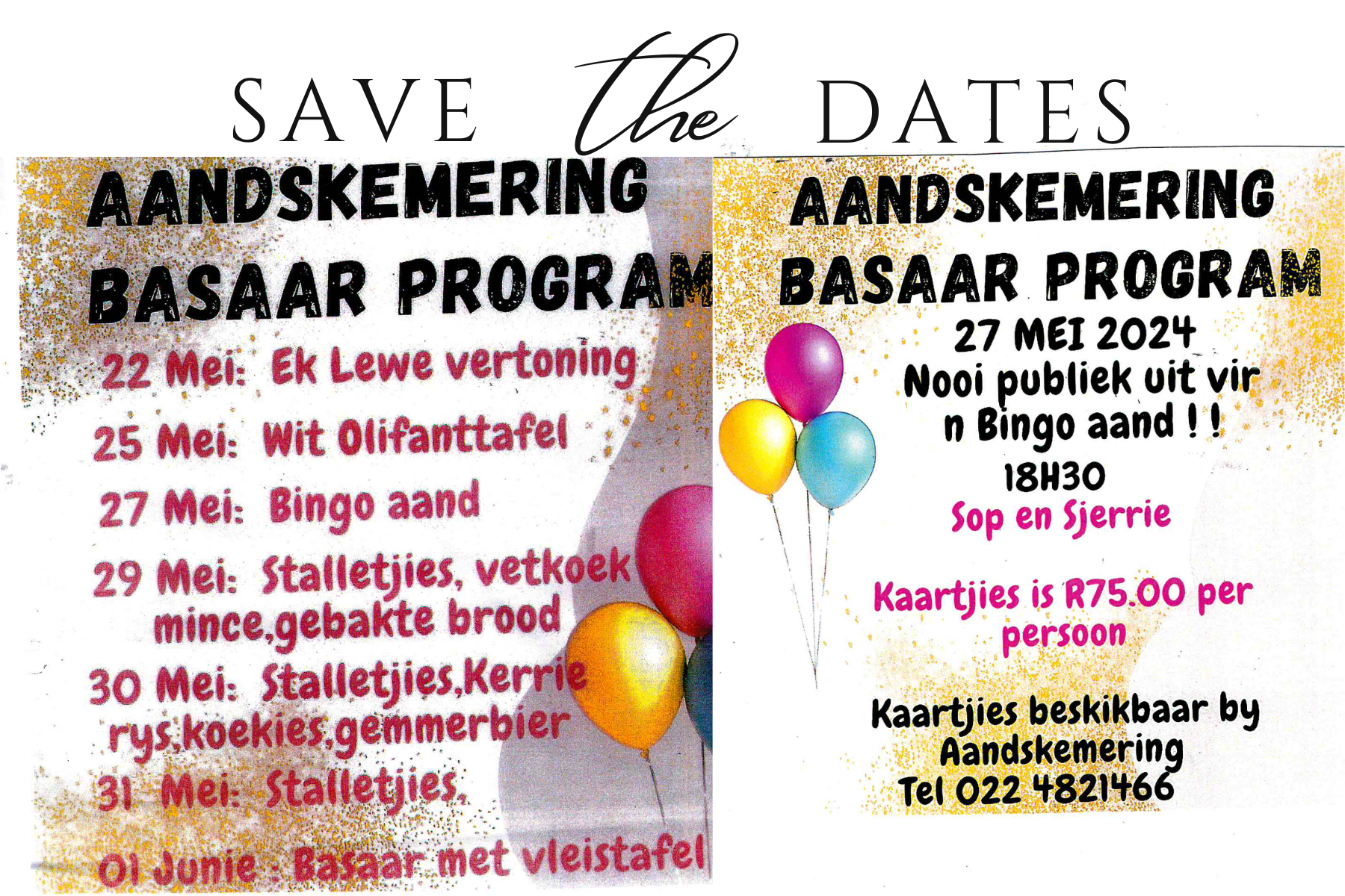 22 MEI - 01 JUNIE 2024 - Aandskemering ACVV Malmesbury Basaar vanaf 22 Mei – 01 Junie 2024. Loer na die advertensie brosjure op die Perron FM kalender om die program van die basaar te sien. Kry jou kaartjies vooraf by 022 482 1466. Dit belowe om ‘n pretvolle week te wees. Moenie uitmis nie. Vir meer inligting besoek https://www.facebook.com/AandskemeringAcvvTehuisVirBejaardes
