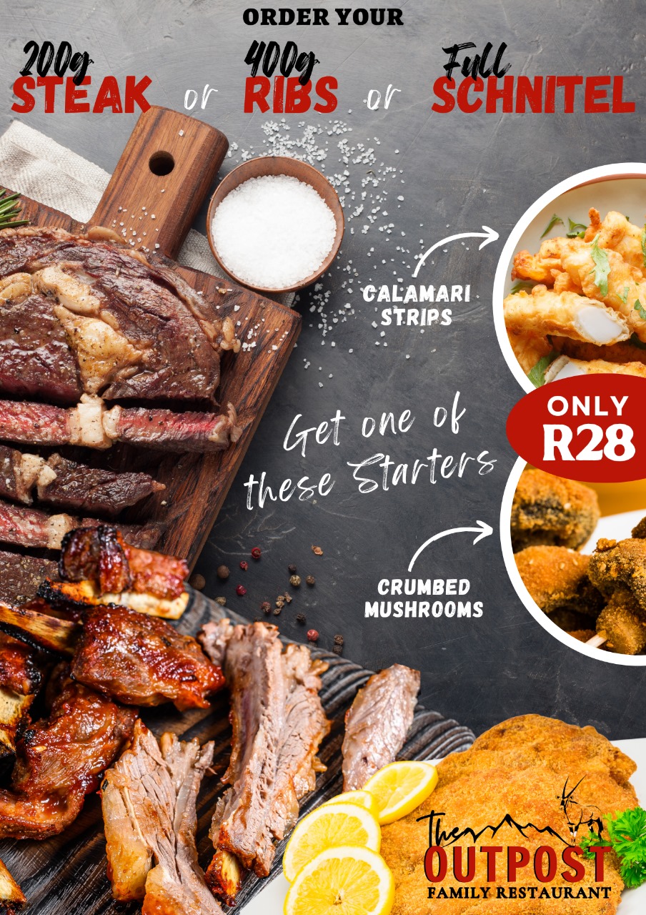 JULIE 2024 - The Outpost Restaurant in Piketberg het 'n "Lip Lekker Winter Aanbieding". Koop 'n 200g Steak of 400g Ribs of "Full Schnitel: en kies 'n "Crumbed Mushroom of Calamari voorgereg vir slegs R28. Geldig tot 26 Julie. The Outpost Restaurant Piketberg - Lekker kos in die skuins dorp, maar REGOP mense.