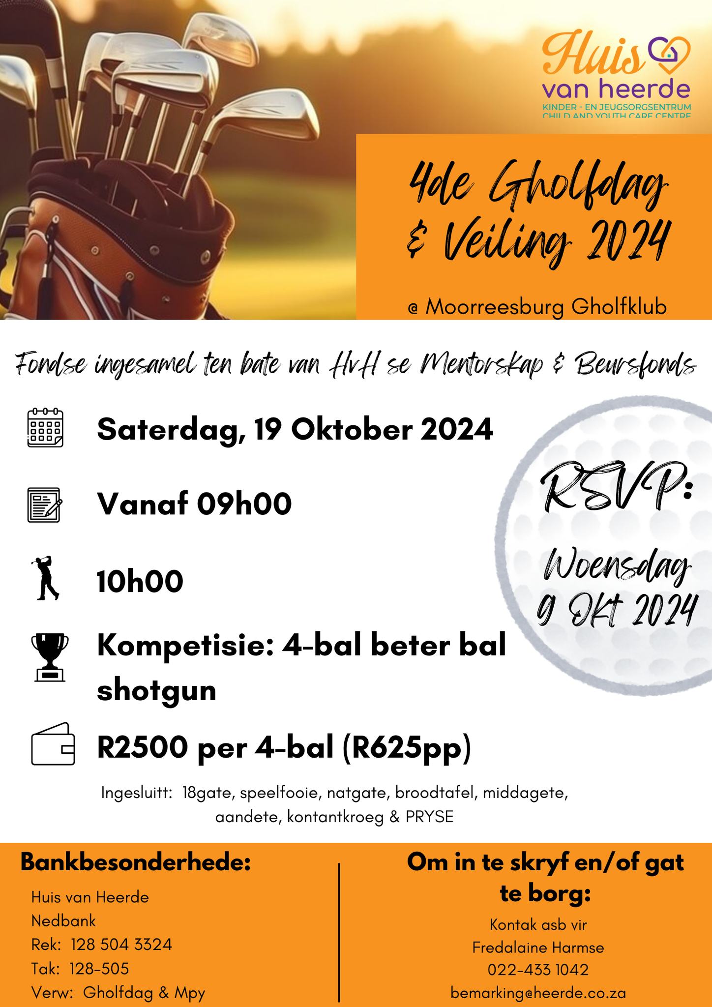 It is that time of the year again at Huis van Heerde Child & Youth Care Centre. We are having our 4Th Annual Golf Day on the 19th of October at the Moorreesburg Golf Club in Rivier Street, Moorreesburg. To enter, please contact Fredalaine at 022 433 1042 or bemarking@heerde.co.za. Don't miss out!. 