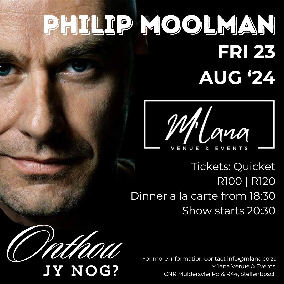 23 August 2024 - Philip Moolman is doing it again. Get your tickets today and join him at the M'lana Venue & Events on the 23rd of August for a day filled with great music, amazing atmosphere and entertainment. For more information contact info@mlana.co.za OR Mario at 083 703 7718