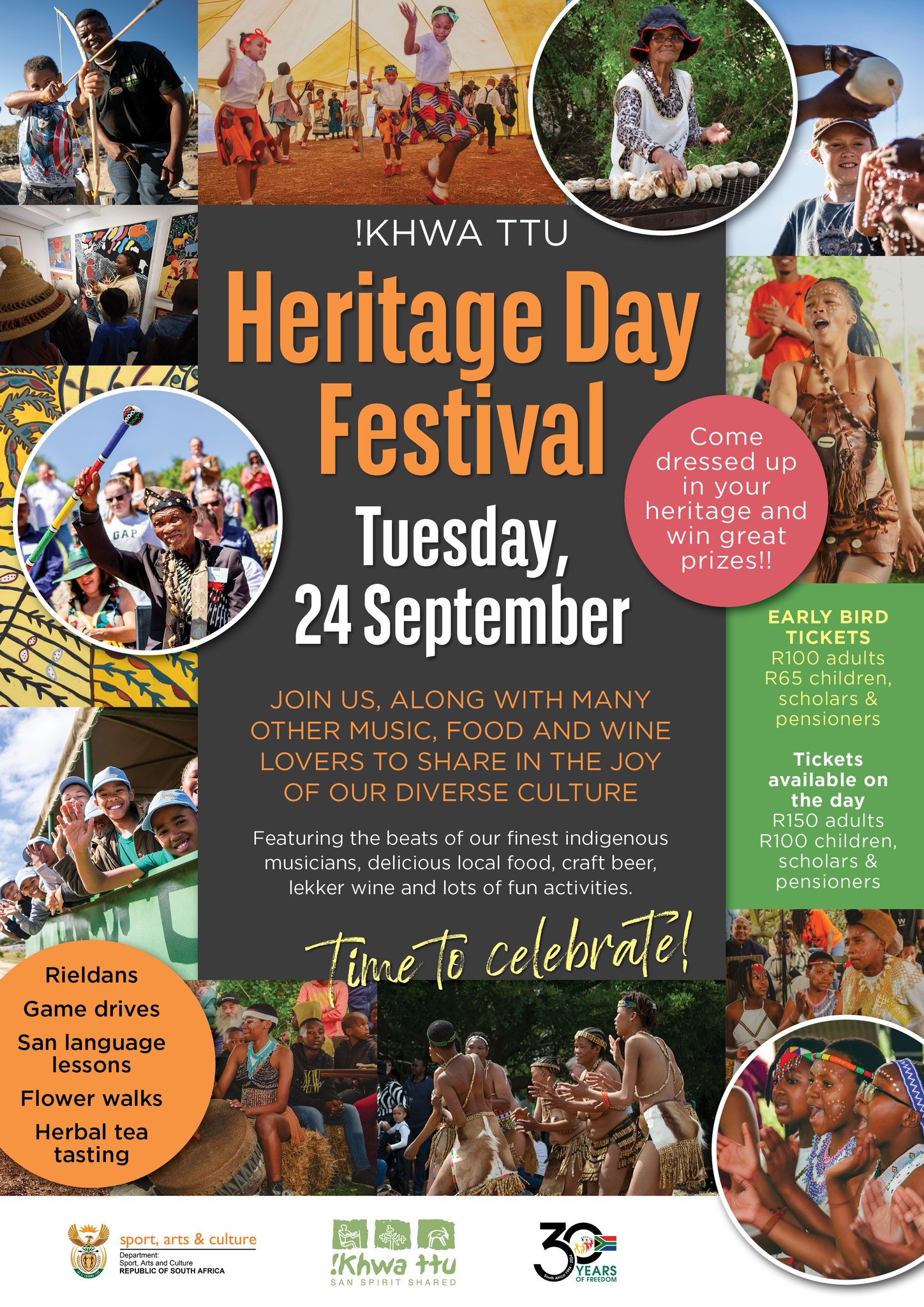 Join us on Tuesday 24 September 2024, for our annual !Khwa ttu Heritage Festival celebrating diverse South African Cultures around food, music and endless fun. Your festival ticket include various activities kicking off at 9am. Dress to impress in your cultural outfit of choice, you could be the lucky winner of a weekend at !Khwa ttu. Book now via the link: https://linktr.ee/khwattu  or email or call us on: bookings@khwattu.org ; 022 492 2998.
