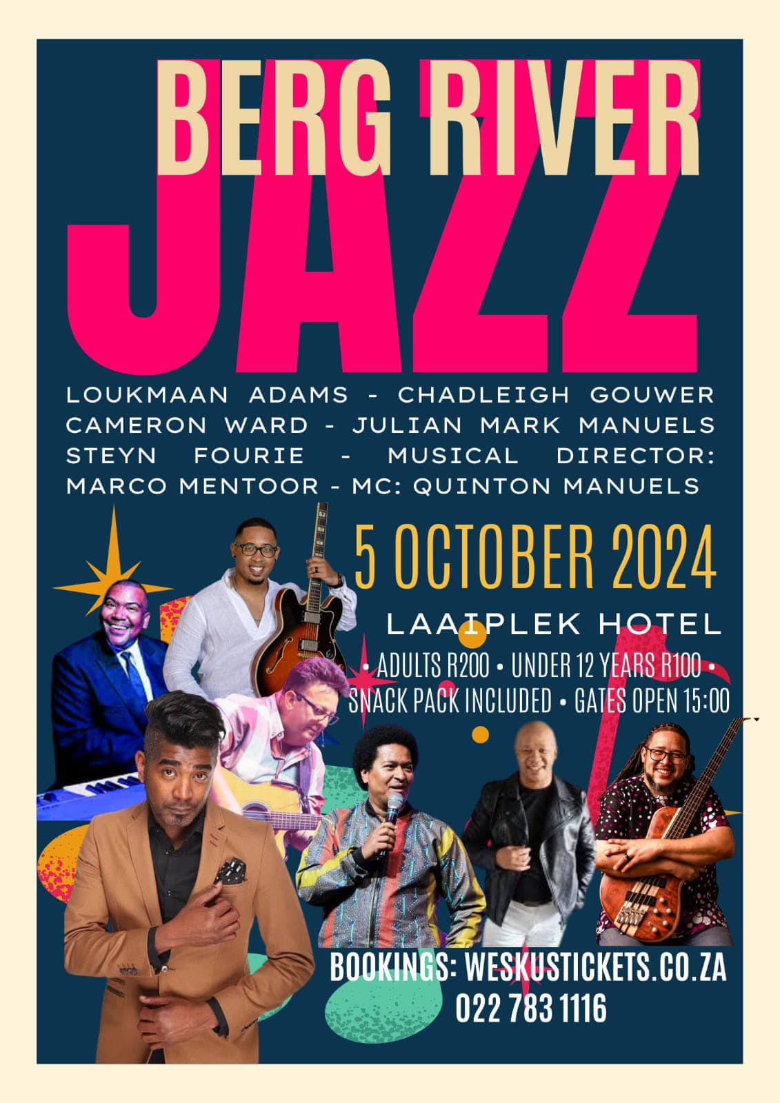 Make sure you do not miss out on the Berg Rivier Jazz festival on the 5th of October from 15:00 in Laaiplek. Tickets available at Laaiplek Hotel or https://weskustickets.co.za/. It is only R200pp with a snack pack included. We look forward to this show with YOU!.