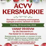 ACVV Dienssentrum hou fees die 29st November vanaf 09:00vm by die Dienssentrum in Piet Retief Straat 21, Malmesbury. Elke tafel is 'n verassing vanaf tuisgebak, ingelegde produkte, handwerk tot allerlei! Boereworsrolle met tamatie- en uiesmoor te koop teen R25 elk. Bestel joune per whatsapp vooraf by 082 574 0696 voor Maandag 25 November. Kom geniet die dag saam met ons en ondersteun ons fondsinsameling. 