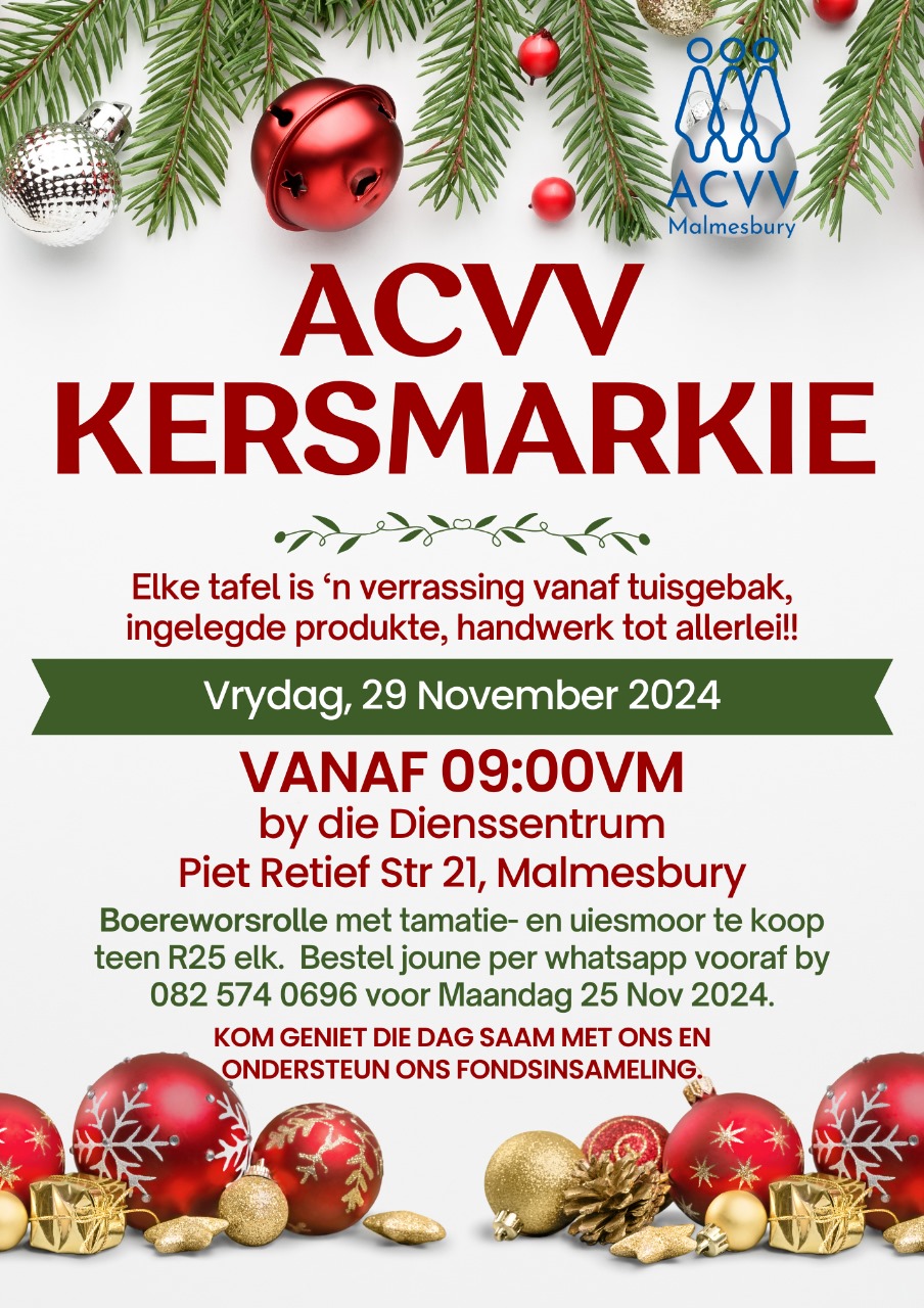 ACVV Dienssentrum hou fees die 29st November vanaf 09:00vm by die Dienssentrum in Piet Retief Straat 21, Malmesbury. Elke tafel is 'n verassing vanaf tuisgebak, ingelegde produkte, handwerk tot allerlei! Boereworsrolle met tamatie- en uiesmoor te koop teen R25 elk. Bestel joune per whatsapp vooraf by 082 574 0696 voor Maandag 25 November. Kom geniet die dag saam met ons en ondersteun ons fondsinsameling. 