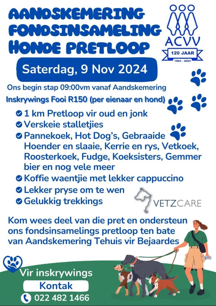 Kom wees deel van die pret en ondersteun ons fondsinsamelings pretloop die 9de November ten bate van Aandskemering Tehuis vir Bejaardes. Daar is verkeie stalletjies, gebraaide hoender, roosterkoek, pryse te wen en velle meeer. Vir inskrywings kontak 022 482 1466. Ons sien uit om jou te sien!.