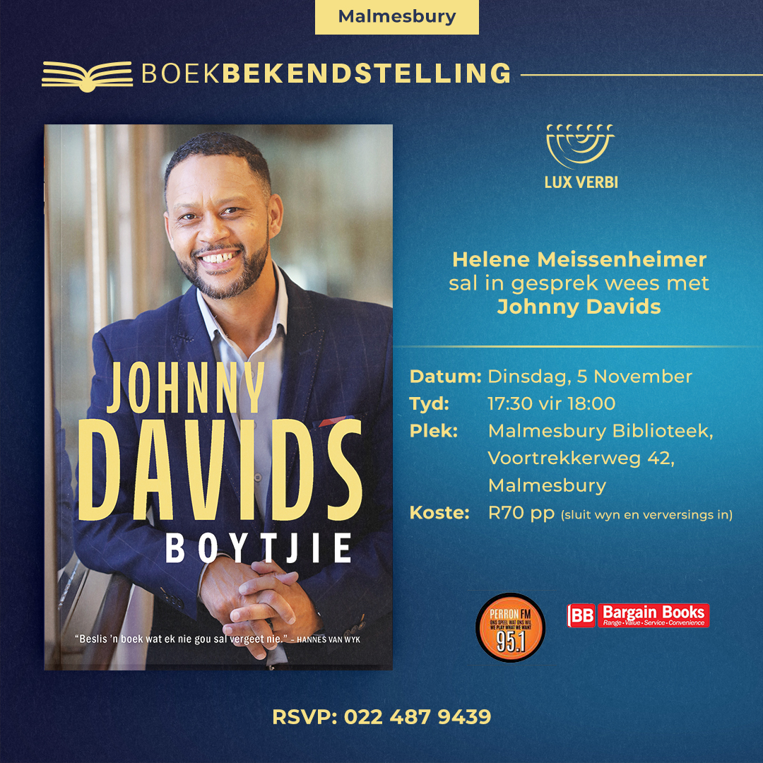 Malmesbury Biblioteek bied aan hul laaste boekbekendstelling vir die jaar 2024. Helene Meissenheimer sal in gesprek wees met Johnny Davids, die gewilde TV-en sportaanbieder, oor sy outobiografie, Boytjie. Dit is die 5 November om 17:30 vir 18:00 by Malmesbury Biblioteek, Voortrekkerweg 42. Dit is R70 per persoon met verversings ingesluit. Moenie dit misloop nie!.