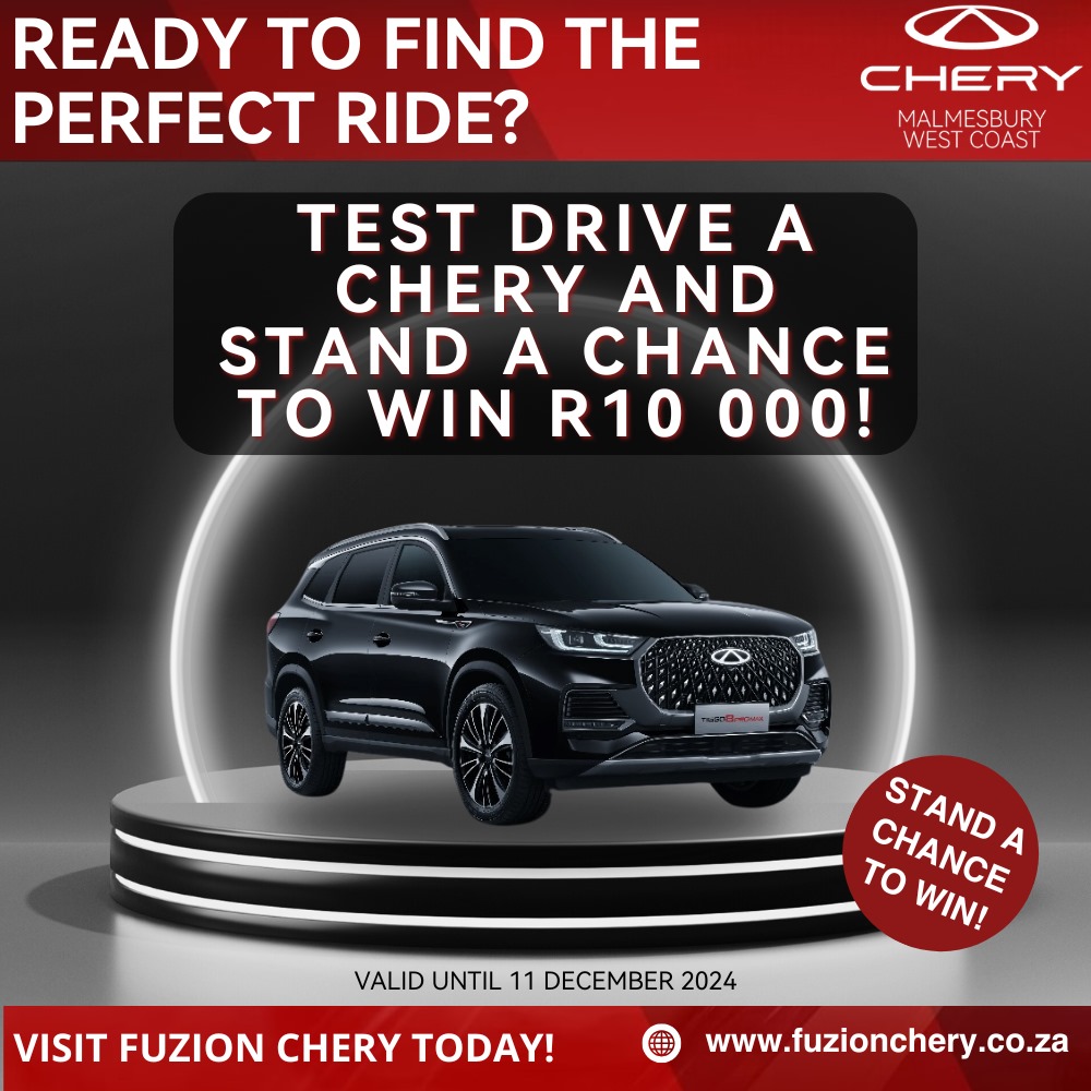 Ready to find the perfect ride? Join Chery Malmesbury at 54 Bokomo st. for an exciting oppurtunity to test drive a chery and stand a chance to win R10,000. Experience the thrill of driving a chery while exploring its amazing features and comfort. Whether you're in the market for a new vehicle or just want to enjoy a fun drive, this is your chance!! Valid until 11 December 2024. You don't want to miss out!.