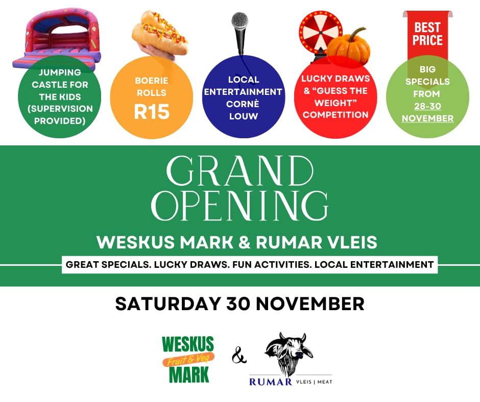 Weskus Mark & Rumar Vleis would like to invite you all to come and celebrate their newly furnished store on the 30th of November! Same place(34 Velddrif Rd, Vredenburg), just a fresher look. Big Savings from 28 - 30 November. Enjoy great specials, lucky draws, fun activities for the kids while you shopping (under supervision) and local entertainment. Don't miss out!.