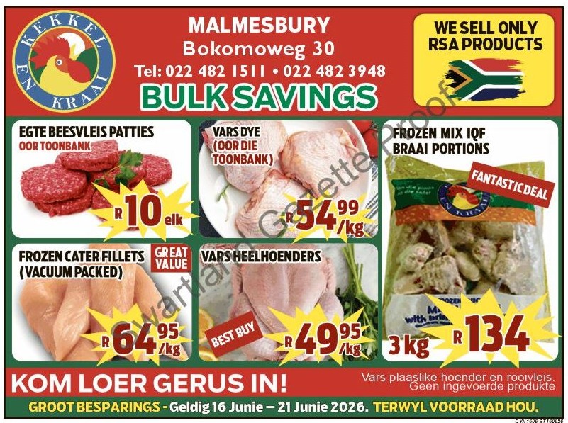 Kekkel en Kraai in Malmesbury bied 'n wonderlike geleentheid om groot te spaar met ons spesiale aanbiedinge van 16 - 21 June 2026. Besoek ons gerus by Bokomo Weg 30, om voordeel te trek uit hierdie fantastiese promosies. Aanbod geldig terwyl voorraad hou. Kekkel en Kraai Malmesbury - Van die Plaas, Na die Tafel. Besoek ook die PERRONFM 95.1 events kalender vir meer inligting.