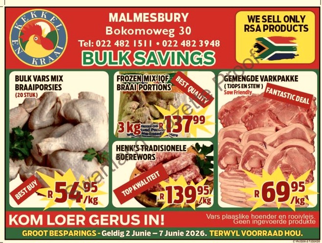 Kekkel en Kraai in Malmesbury bied 'n wonderlike geleentheid om groot te spaar met ons spesiale aanbiedinge van 2 - 7 June . Besoek ons gerus by Bokomo Weg 30, om voordeel te trek uit hierdie fantastiese promosies. Aanbod geldig terwyl voorraad hou. Kekkel en Kraai Malmesbury - Van die Plaas, Na die Tafel. Besoek ook die PERRONFM 95.1 events kalender vir meer inligting.