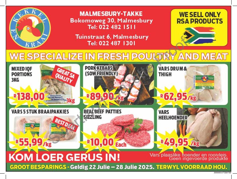 Kom loer gerus in by Kekkel en Kraai Malmesbury in Bokomo Weg 30 vir spesiale aanbiedinge en spaar groot. Geldig van 22 - 28 Julie 2025. Terwyl voorraad hou! “Bulk Buyers are very welcome”. Kekkel en Kraai – Van die Plaas, Na die Tafel.!