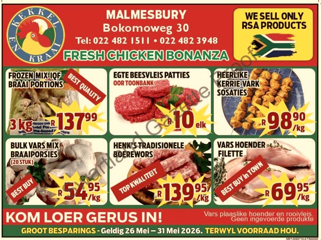 Kekkel en Kraai in Malmesbury bied 'n wonderlike geleentheid om groot te spaar met ons spesiale aanbiedinge van 26 - 31 Mei. Besoek ons gerus by Bokomo Weg 30, om voordeel te trek uit hierdie fantastiese promosies. Aanbod geldig terwyl voorraad hou. Kekkel en Kraai Malmesbury - Van die Plaas, Na die Tafel. Besoek ook die PERRONFM 95.1 events kalender vir meer inligting.