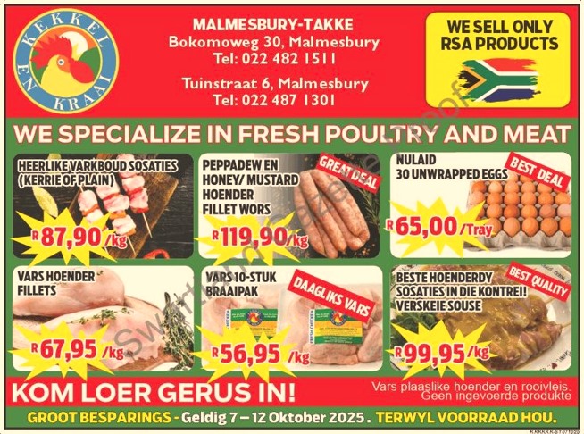 Kekkel en Kraai in Malmesbury bied 'n wonderlike geleentheid om groot te spaar met ons spesiale aanbiedinge van 07 - 12 Oktober. Besoek ons gerus by Bokomo Weg 30 om voordeel te trek uit hierdie fantastiese promosies. Aanbod geldig terwyl voorraad hou. Kekkel en Kraai Malmesbury - Van die Plaas, Na die Tafel.