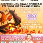 Ons sien jou die 21ste Desember 2024 om 15:00 HIER by Laaiplek Hotel vir ons heel eerste Bergrivier Spitbraai Party met hoof kunstenaar Eloff.  En die beste van alles... ingang is gratis.  Stof julle partykie skoene af en kom geniet die dag van lekker eet , uitstekende musiek en natuurlik die mooiste Weskus uitsig saam met ons.   Bespreek jou Spitbraai ete by Laaiplek Hotel(022 783 1116). Dit is R120 per ete. Moenie uitmis nie!. Sien jou daar!. 