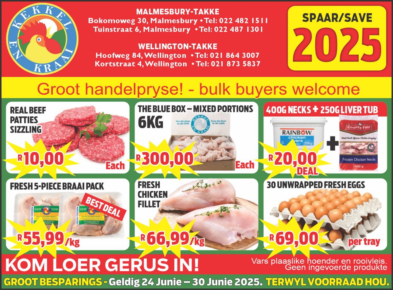 Kom loer gerus in by Kekkel en Kraai Malmesbury in Bokomo Weg 30 vir spesiale aanbiedinge en spaar groot. Geldig van 24 - 30 Junie 2025. Terwyl voorraad hou! “Bulk Buyers are very welcome”. Kekkel en Kraai – Van die Plaas, Na die Tafel.!