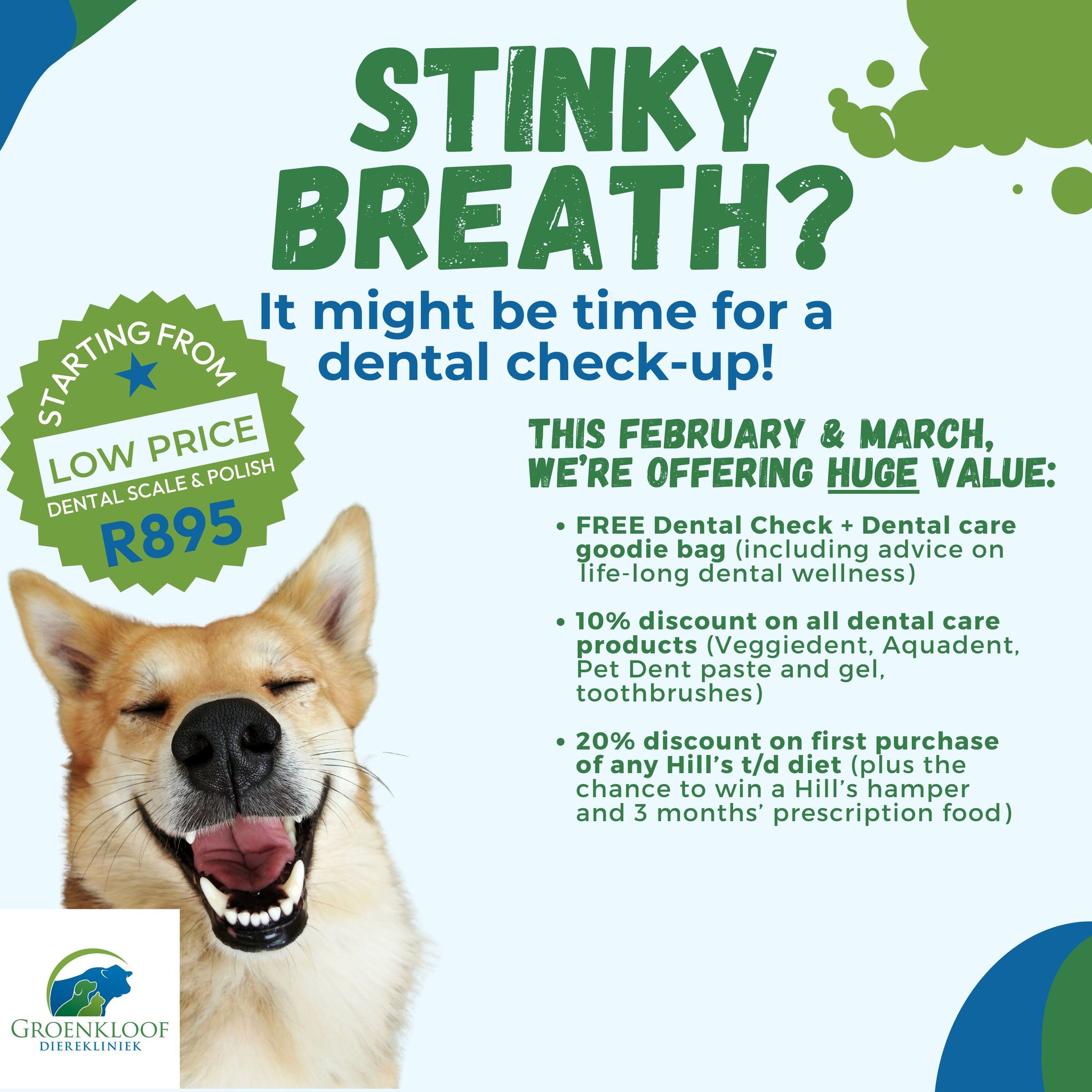 It's Dental Month(s) this February and March at Groenkloof Dierekliniek!! This month we're offering the following to any client who brings their pet in for a dental procedure: *Free Dental Check + Dental Goodie Bag *10% discount on all dental care products *20% discount on first purchase of any Hills t/d diet. For your appointment please contact Groenkloof Malmesbury 022 487 1157 or Groenkloof Riebeek 082 089 1234 or WhatsApp 081 855 0301.