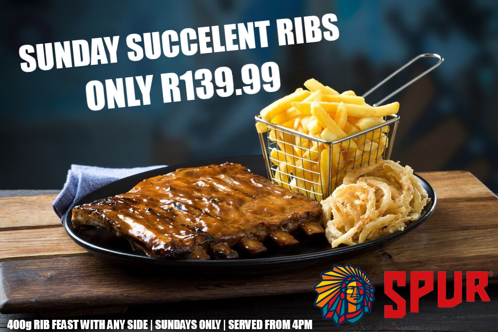 NEW Sunday Special at Sabino Canyon Spur!  Craving a hearty meal? Dig into our 400g Rib Feast served with crispy chips & golden onion rings or your choice of hot veggies or a fresh salad for only R139.99 ONLY ON SUNDAYS | 16 Feb – 30 March | 16:00 – 20:00 | Bring the family, bring your appetite, and enjoy great food at Sabino Canyon Spur - People with the taste for life!.