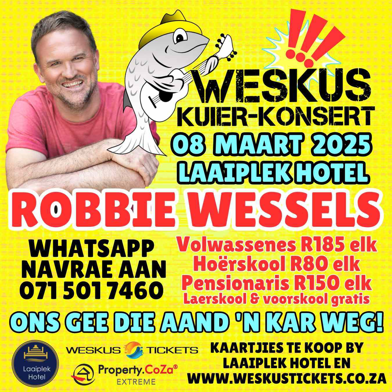 Weskus Kuier Konsert gee 'n kar weg!! Kom neem deel aan die Fear Factor en die Trailer Reverse Kompetisie of kom kuier sommer net lekker saam. Vermaak vir alle ouderdomme en baie pryse om te wen - insluitend 'n kar!.  Onthou om vroegtydig jou kaartjie te koop by Laaiplek Hotel en www.weskustickets.co.za Elke betaalde volwasse - en pensioenaris toegangskaartjie is automaties 'n inskrywing in die kompetisie om 'n kar te wen!!! Vir enige navrae WhatsApp 071 501 7460. 