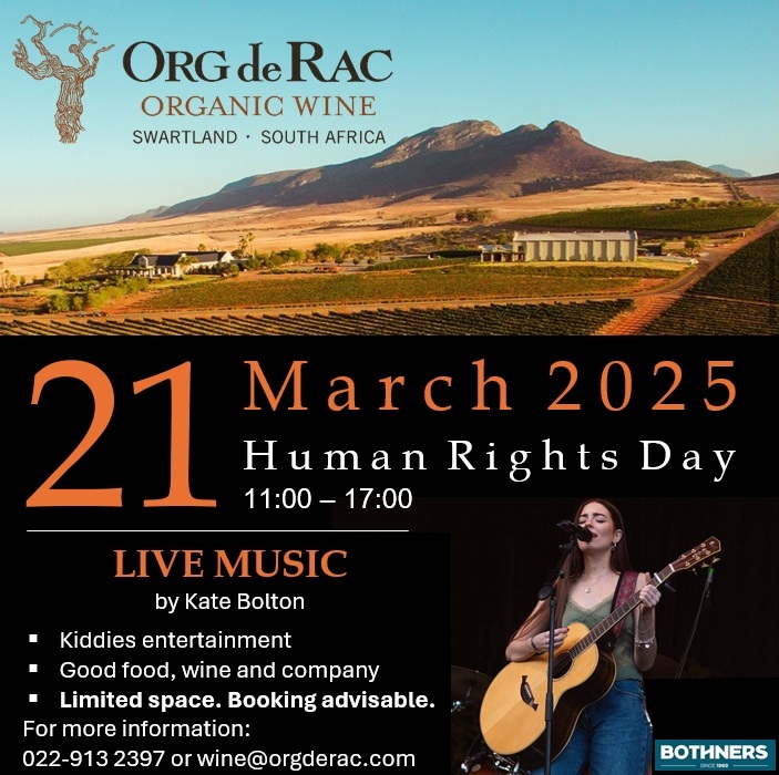 Laid-back long weekend at Org de Rac coming soon!!. On Friday, 21 March, Human Rights Day is celebrated in South Africa, and we plan to get your long weekend off to the most relaxing start. Talented musician Kate Bolton will perform from 11:00, and we will also have a jumping castle, boules and other treats to keep the kids entertained. While you’re here, explore our wine range with our exciting new wine tasting experiences, or enjoy the beautiful scenery from our patio with a scrumptious platter featuring the finest produce the Swartland has to offer. We look forward to your company!