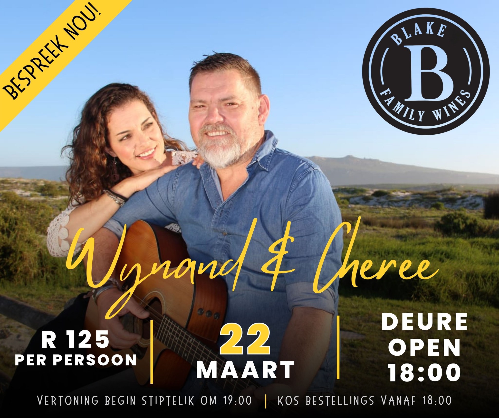 Wyn, musiek en dans - die resep vir 'n perfekte langnaweek! Wynklub - lede en vriende, trek jou dansskoene aan en kom kuier in egte Weskus - styl saam met Wynand en Cheree by Blake Family Wines die 22st Maart! Hierdie aand beloof goeie wyn, groot gesels en 'n dansvloer vol lekkerte. Dit is R125 per persoon. Vir besprekings kontak 022 451 2701/ WhatsApp 081 271 3033. Deure en kombuis open om 18:00, vertoning begin stiptelik om 19:00. Moenie uitmis nie - bespreek nou om teleurstelling te voorkom!!. 