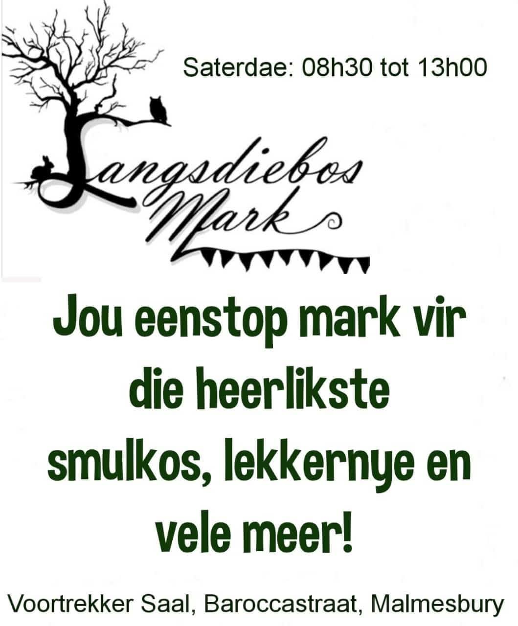 Waar is dit lekker? Langs die bos mark, Voortrekker Saal, Barocca Straat Malmesbury. Wanneer kan jy ons besoek? Elke Saterdag tussen 08:30 - 13:00. Jou eenstop mark vir die heerlikste smulkos, lekkernye en vele meer! Geniet heerlike kos, uniek handgemaakte geskenke en 'n ongelooflike atmosfeer saam met familie en vriende. Hoop om jou te sien!.