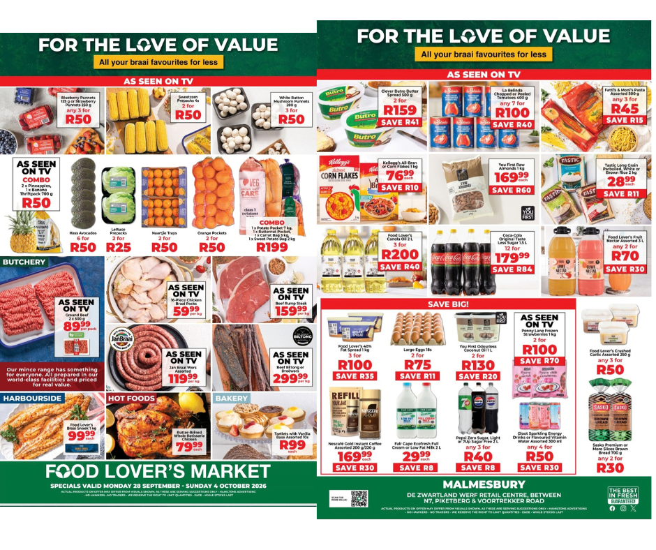 This week, enjoy premium cuts, fresh seasonal fruit and veg, and great deals across every aisle.  Pop in, fill your basket and get unbeatable value at Food Lover's Market Malmesbury!  Food Lover’s Market Malmesbury — where good food meets great value.  Find more here: FOOD LOVERS MARKET  Valid 28 September - 4 October 2026. While stocks last.  Not available at Food Lover's Eatery. T&Cs apply