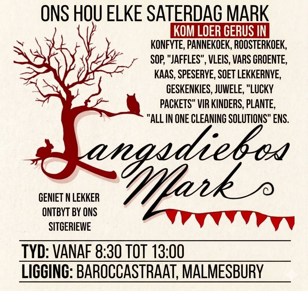Waar is dit lekker? Langs die bos mark, Voortrekker Saal, Barocca Straat Malmesbury. Wanneer kan jy ons besoek? Elke Saterdag tussen 08:30 – 13:00. Hierdie mark is jou eenstop bestemming vir die heerlikste smulkos, lekkernye en baie meer! Kom geniet 'n dag vol smaaklike kos, uniek handgemaakte geskenke en 'n ongelooflike atmosfeer saam met jou geliefdes. Ons hoop om jou daar te sien!