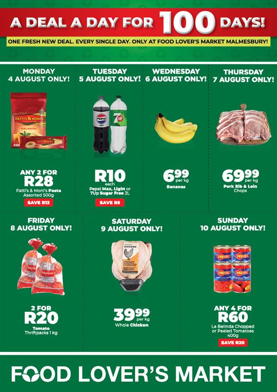 Food Lover’s Market Malmesbury bring vir jou ‘n splinternuwe aanbieding – elke dag, vir eenhonderd dae! Maar wag, ons gooi nóg in! Luister weeksdae tussen 10:00 en 11:00 na Musiek Brouery, en jy kan elke dag ‘n R100 geskenkbewys wen! 100 dae. 100 aanbiedinge. 100-Rand wenners – net by Food Lover’s Market Malmesbury!