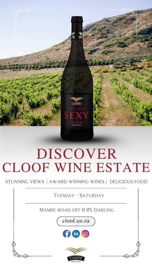 Cloof Wine Estate is open every Tuesday to Saturday! Come visit us in the heart of Darling - just over an hour from Cape Town - and soak up the space, the scenery, and friendly charm of the countryside. Enjoy award-winning wines, relaxed tastings, delicious cheese platters, and wide open views. Bring the family (and your furry loved ones!) and unwind in our laid-back tasting room or out on the lawns. With great music, good vibes, and our famous wines like the Very Sexy Shiraz and Cheeky Chenin Blanc, you're in for a real treat. Find us at Mamre Road off R315, Darling (just past Darling Cellars) Open Tuesday - Thursday 09:00 -16:30 - Friday: 09:00 - 15:00 - Saturday: 09:30 - 15:00 Visit www.cloof.co.za or call 022 492 2839