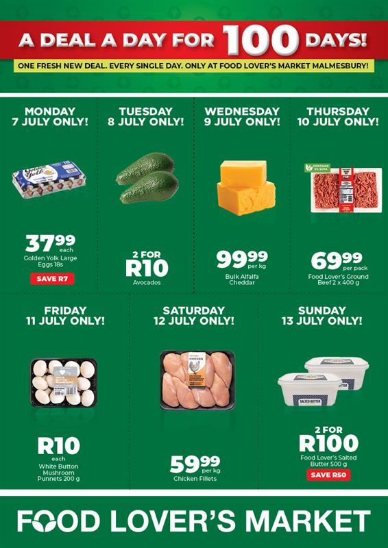 Food Lover’s Market Malmesbury bring vir jou ‘n splinternuwe aanbieding – elke dag, vir eenhonderd dae! Maar wag, ons gooi nóg in! Luister weeksdae tussen 10:00 en 11:00 na Musiek Brouery, en jy kan elke dag ‘n R100 geskenkbewys wen! 100 dae. 100 aanbiedinge. 100-Rand wenners – net by Food Lover’s Market Malmesbury!