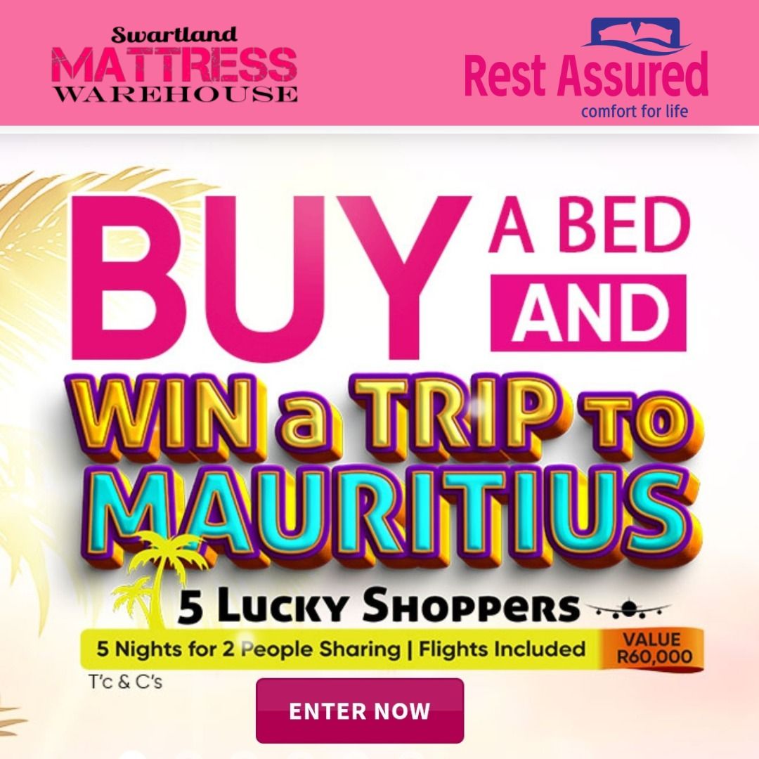 𝙒𝙞𝙣 𝙖 𝘿𝙧𝙚𝙖𝙢 𝙏𝙧𝙞𝙥 𝙩𝙤 𝙈𝙖𝙪𝙧𝙞𝙩𝙞𝙪𝙨!  Buy any Rest Assured bed from 𝘚𝘸𝘢𝘳𝘵𝘭𝘢𝘯𝘥 𝘔𝘢𝘵𝘵𝘳𝘦𝘴𝘴 𝘞𝘢𝘳𝘦𝘩𝘰𝘶𝘴𝘦 and stand a chance to be 1 of 5 lucky winners to escape to beautiful Mauritius!  How to Enter: 1. Purchase any Rest Assured bed in-store. 2. Automatically enter the draw.  Don't miss out –𝗦𝗹𝗲𝗲𝗽 𝗯𝗲𝘁𝘁𝗲𝗿 & 𝘄𝗶𝗻 𝗕𝗜𝗚!  Visit us today at Hoog Street, Malmesbury, or call 084 511 5682 for more info.  T&Cs apply