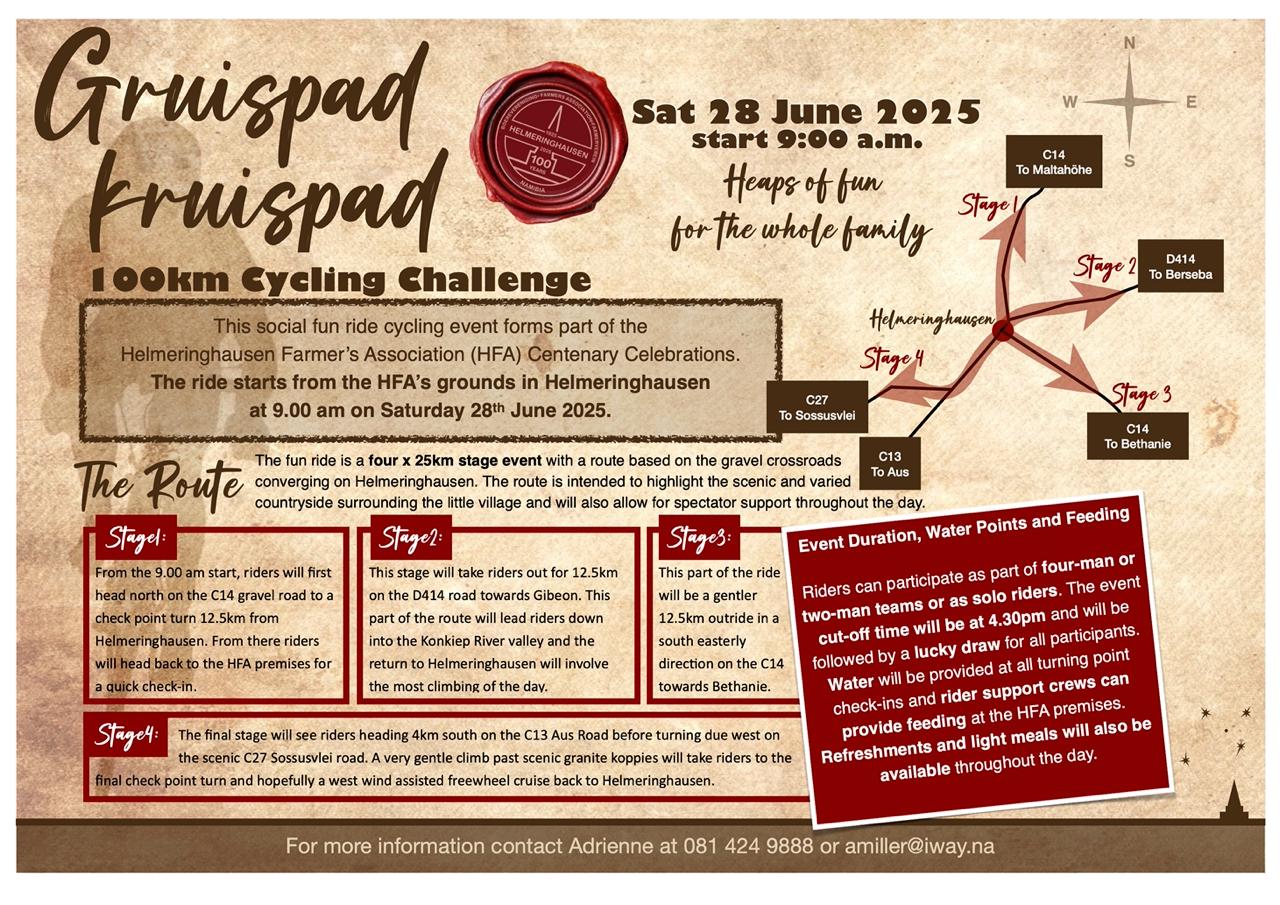 Reis jy einde Junie deur die suide van Namibia? Die skilderagtige dorpie - Helmeringhausen rigting Sossusvlei vier ons eeufees. Ons Landbou Vereninging nooi jou uit om in te skryf vir die Gruispad Kruispad 4 x 25km bergfiets toer op 28 Junie. Ryers vleg deur graniet koppies op grondpaaie deur bekende dorpies soos Gibeon deur Konkiep Rivier Vallei tot op C27 Sossusvlei weg en weer terug na Helmeringhausen. Die sluitings datum vir inskrywings is 14 Junie. Opskud en verbreed jou horison in die pragtige Namibia. Kontak vir Adrienne by amiller@iway.na of op die Perronfm gebeurlikheids kalender by perronfm.co.za