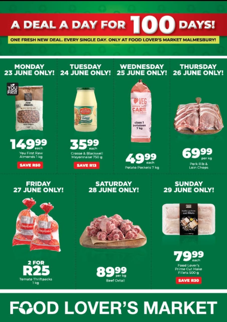 Food Lover’s Market Malmesbury bring vir jou ‘n splinternuwe aanbieding – elke dag, vir eenhonderd dae! Maar wag, ons gooi nóg in! Luister weeksdae tussen 10:00 en 11:00 na Musiek Brouery, en jy kan elke dag ‘n R100 geskenkbewys wen! 100 dae. 100 aanbiedinge. 100-Rand wenners – net by Food Lover’s Market Malmesbury!