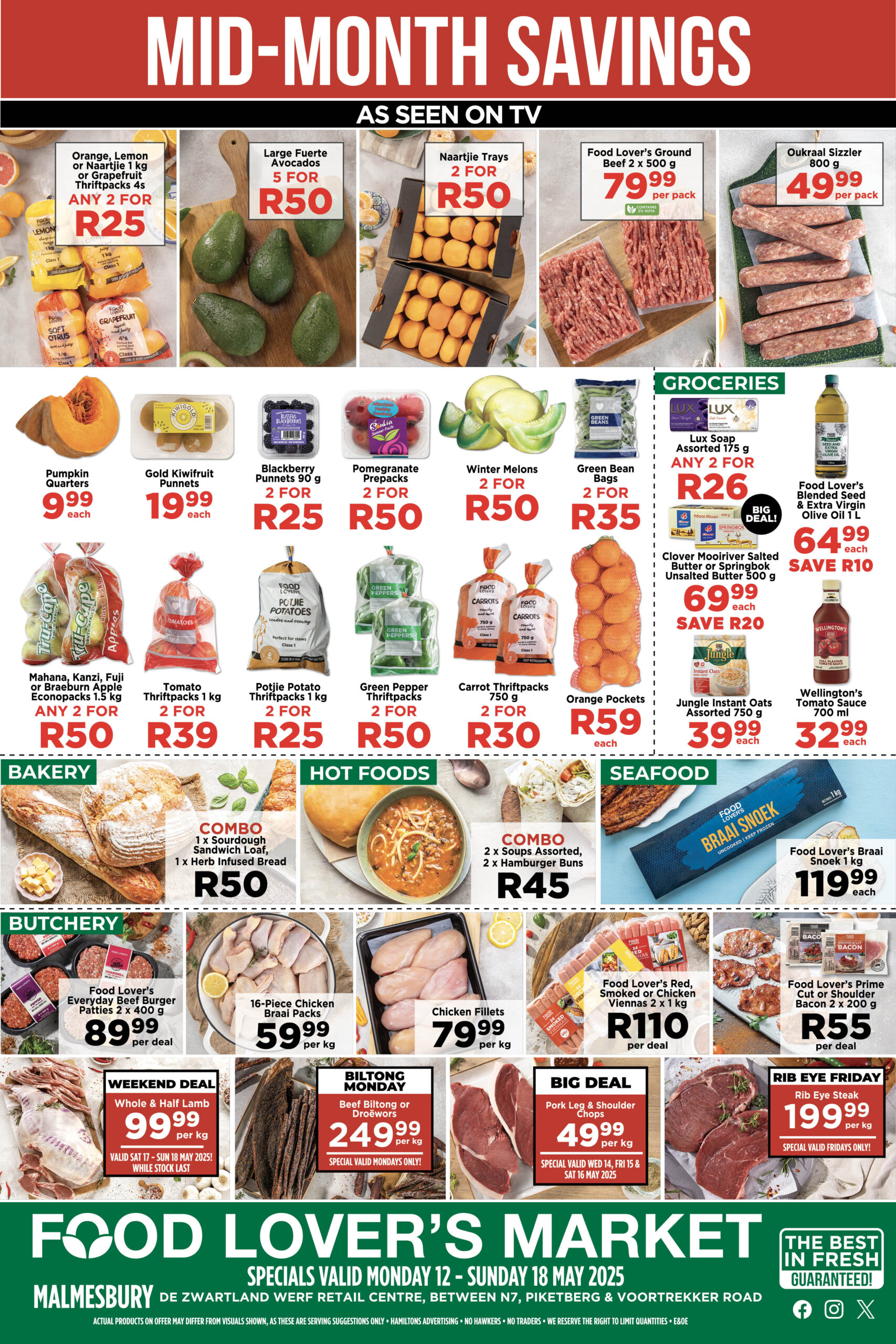 Value-packed deals are waiting for you at Food Lover’s Market! Enjoy the season’s best citrus with any TWO Orange, Lemon, Naartjie or Grapefruit thriftpacks for just R25, Buy TWO Naartjie Trays for R50, FIVE creamy Large Fuerto Avocados for R50, TWO 500g packs of Food Lover’s Ground Beef for 79.99, And an 800g pack of Oukraal sizzler for just 49.99! Valid until Sunday, 18 May, only at Food Lover’s Market – it’s in the experience. Plus: Jan Braai will be at Food Lover’s Market Malmesbury on Saturday, 17 May from 10am to 1pm for a day of family fun and community spirit! Jan Braai Boerewors Rolls for just R10! Face Painting for the Kiddos. All proceeds go to support Fruitful Givers, so every boerie purchased makes a difference. Come hungry, bring the family, and let’s braai for a good cause!
