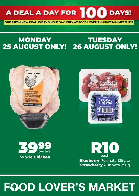 Food Lover’s Market Malmesbury bring vir jou ‘n splinternuwe aanbieding – elke dag, vir eenhonderd dae! Maar wag, ons gooi nóg in! Luister weeksdae tussen 10:00 en 11:00 na Musiek Brouery, en jy kan elke dag ‘n R100 geskenkbewys wen! 100 dae. 100 aanbiedinge. 100-Rand wenners – net by Food Lover’s Market Malmesbury!