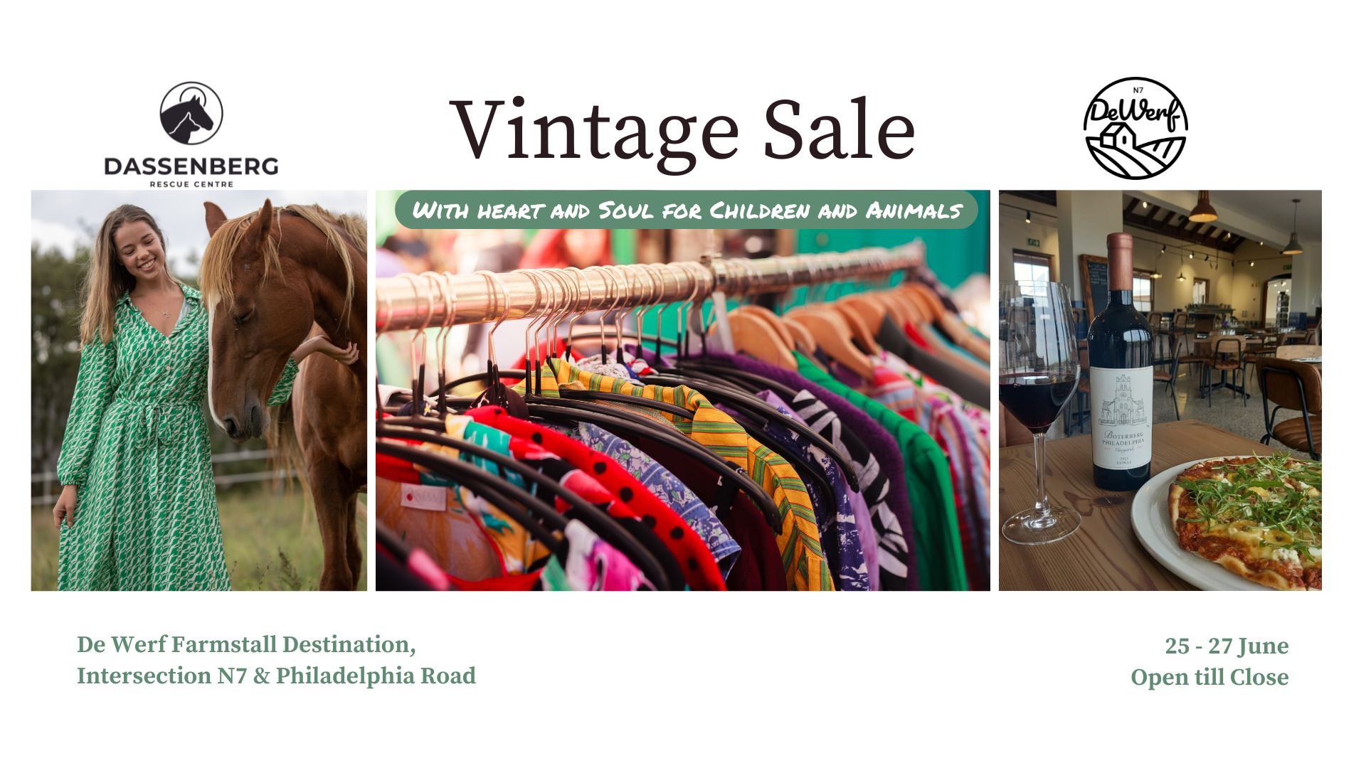 Mark your calendars! Dassenberg's quarterly Vintage Sale is back! Find us at De Werf, 25-27 June, from 08:00 till close. Shop a fantastic selection of new and pre-loved international & local brands. Every item you buy directly supports the care of our 16 horses and 50+ dogs. Your style upgrade helps a furry friend! Don't miss out – these treasures won't last! Contact Dalene on 082 922 4534 for more information.