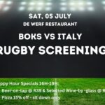 Rugby Screening at De Werf Farmstall. Join us this Saturday, 05 July for the epic clash: Boks vs Italy, Live on the big screen at De Werf Restaurant. *Happy Hour specials: - Beer-on-tap @R39 - Selected wine-by-the-glass @R39 (alchohol not for sale to persons under the age of 18) - 15% of all sit-down pizzas. Bring your gees, your mates, and your appetite - it's going to be a legendary afternoon of rugby, cheers, and good food! Don't miss it - we'll see you at De Werf! Book now at 064 867 8578.