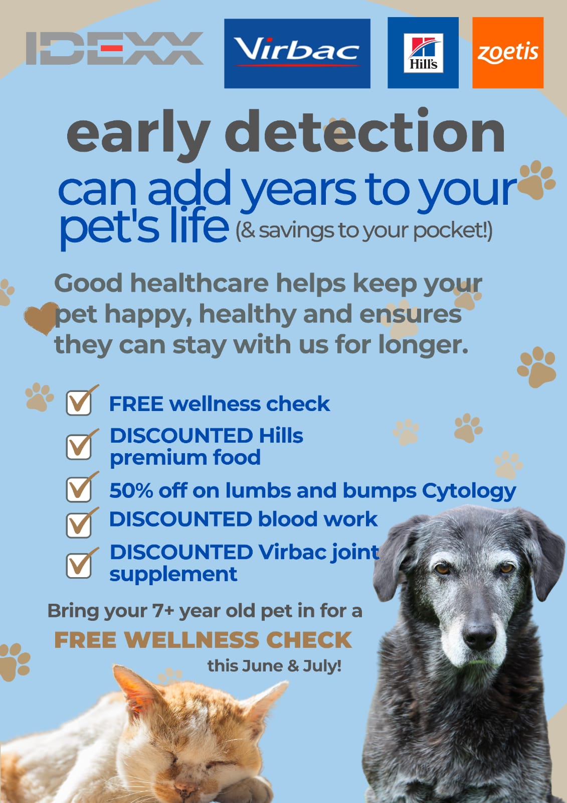 This June & July, we're excited to announce our Senior Pet Wellness Months packed with fantastic offers just for our senior furry friends at Groenkloof Dierekliniek. Bring your 7+ year old pet in for a FREE Wellness check this June & July. The visit also enters you into our draw to win a luxurious Zoetis Hamper filled with goodies for your pet! Call us to book your spot now, Groenkloof Malmesbury - 022 487 1157 Riebeek - 082 089 1234/ WhatsApp 060 019 9467.