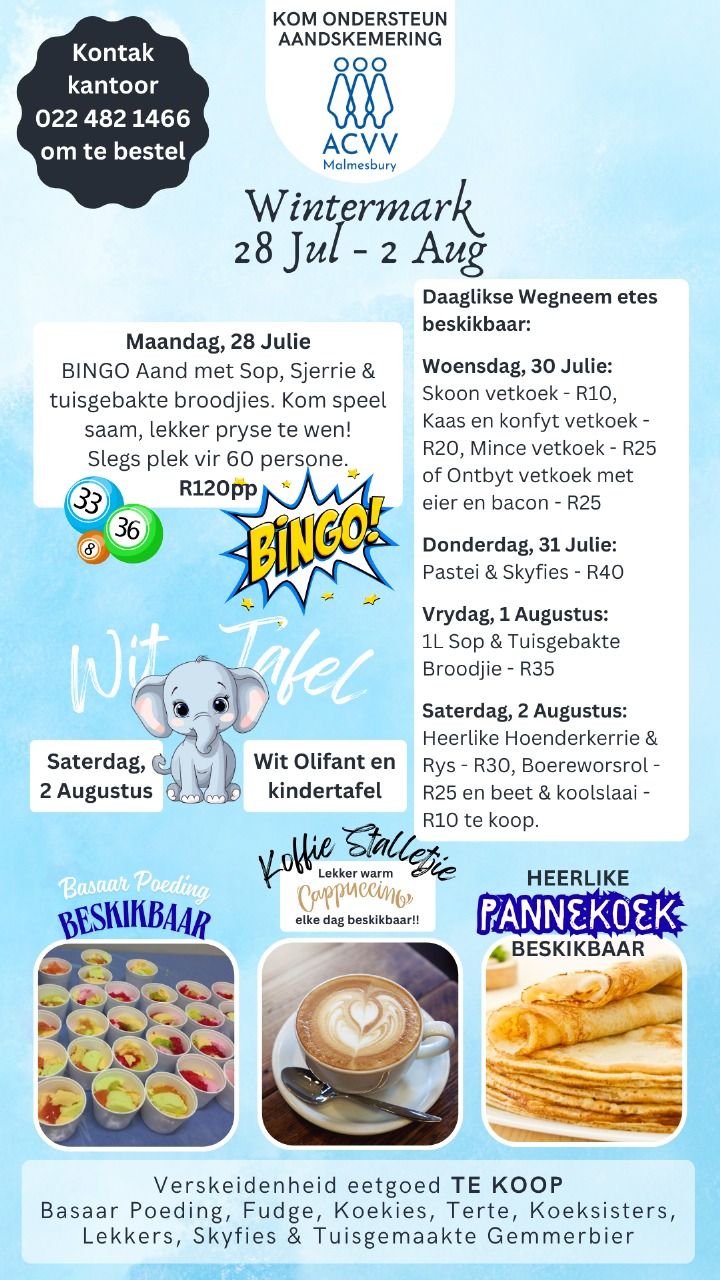 Aandskemering Malmesbury hou vanaf 28 Julie 2025 tot 2 Augustus 2025 'n Wintermark!. Loer na die advertensie brosjure op die Perron FM kalender om die program van die mark te sien. Dit belowe om ‘n pretvolle week te wees. Moenie uitmis nie. Vir meer inligting besoek https://www.facebook.com/AandskemeringAcvvTehuisVirBejaardes of kontak 022 482 1466.