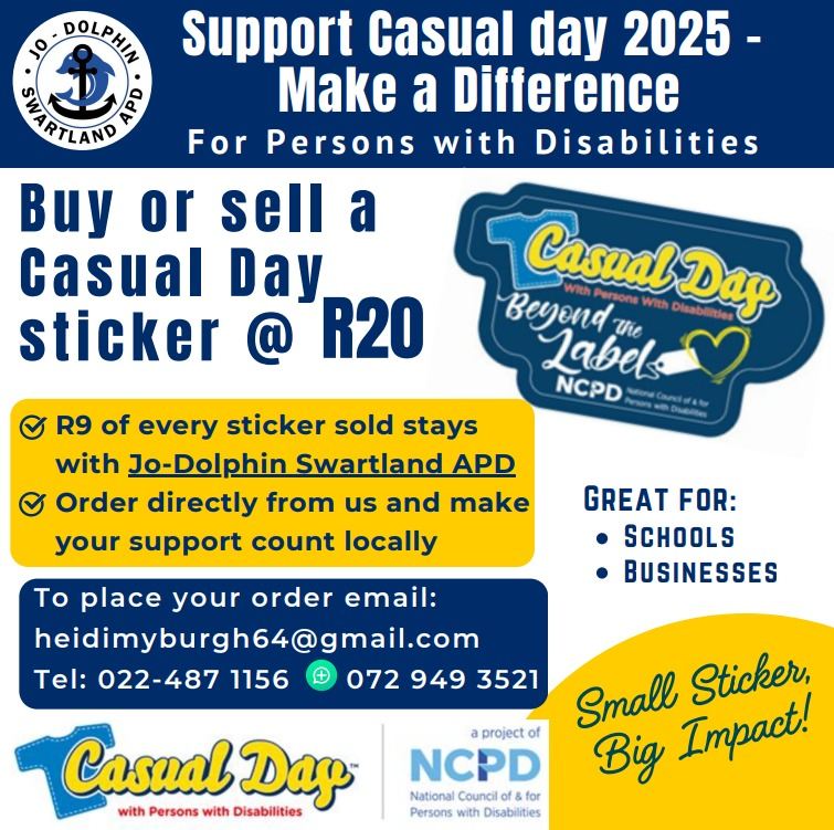 Jo-Dolphin Swartland APD - Casual Day 2025 - Beyond The Label. Support persons with disabilties by joining the movement and wearing your Casual Day Sticker with pride! Buy a sticker for only R20 at Jo-Dolphin Swartland APD, directly supporting our centre and making a difference right here in our community! Order now: heidimyburgh64@gmail.com/022 487 1156/072 749 3521. Small Sticker - Big Impact. Be part of something bigger. Order your stickers today and go Beyond The Label with us!