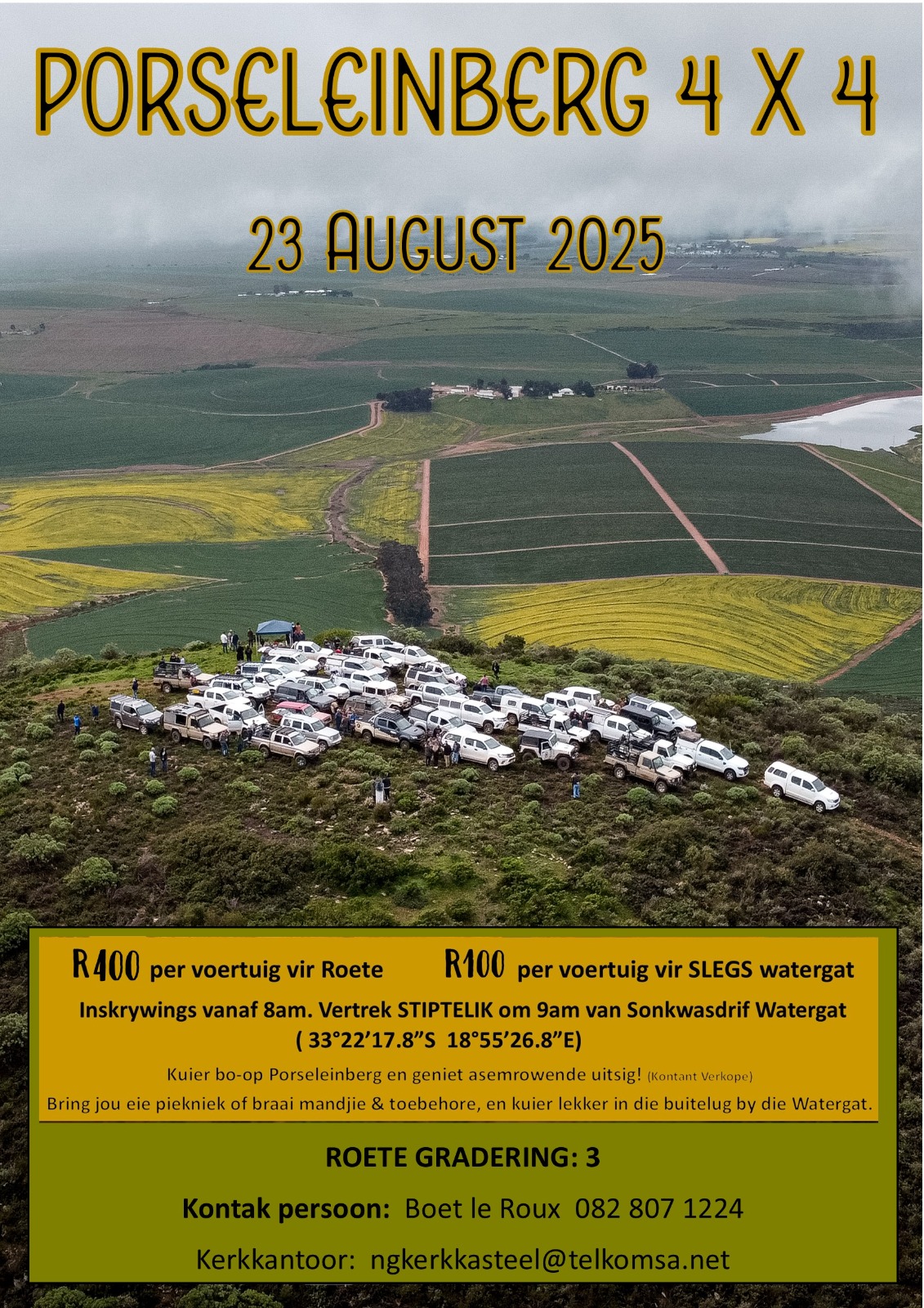 Kuier bo-op Porseleinberg die 23ste Augustus en geniet die asemrowende uitsig! (Kontant Verkope) Bring jou eie piekniek of braai mandjie & toebehore, en kuier lekker in die buitelug by die Watergat! Vir enige navrae en meer inligting kontak  Boet Le Roux: 082 807 1224 of ngkerkkasteel@telkomsa.net   