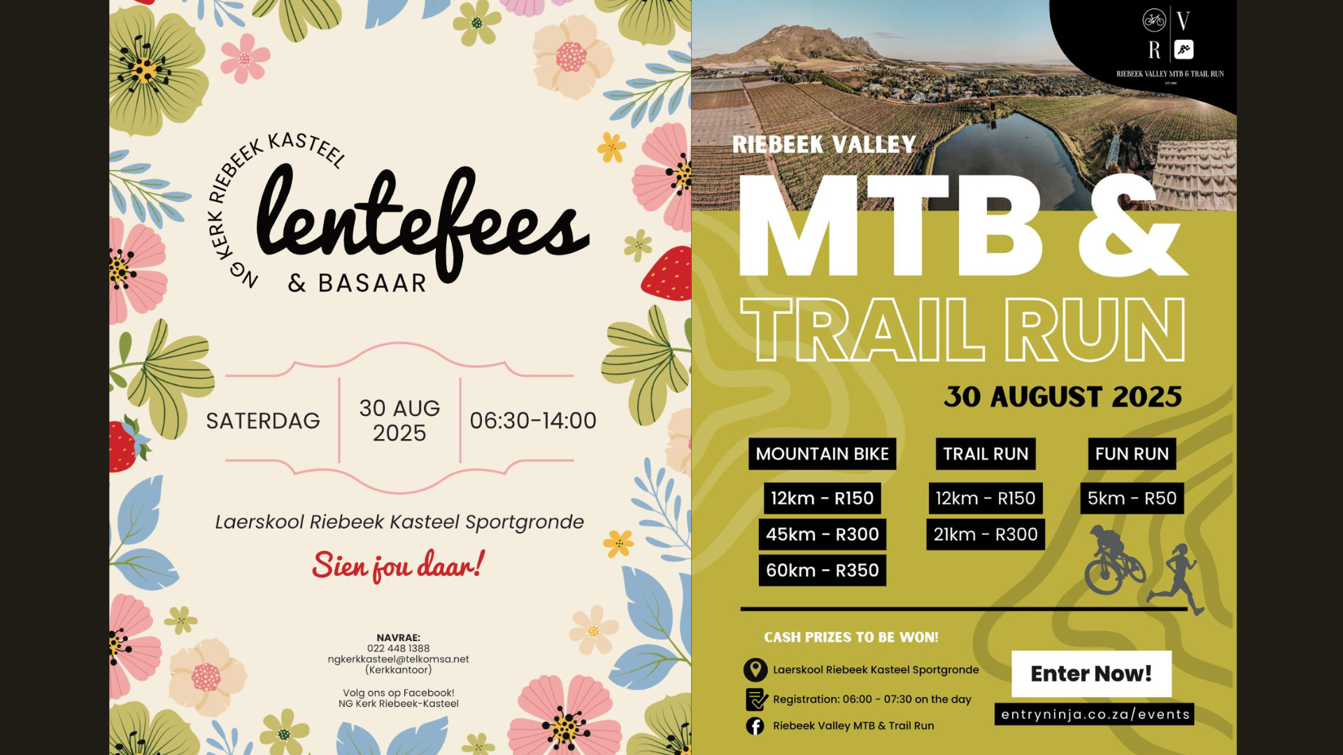 Van soetgoed tot sappige braaivleis, outydse jaffels tot yskoue bier – daar is iets vir almal by die NG Kerk Riebeek Kasteel Lentefees & Basaar, die 30ste Augustus. Begin die dag reg met ons 5km Fun Run. Ervaar asemrowende natuurskoon, warm gasvryheid en 'n onvergeetlike dag in die buitelug – bring sommer die hele gesin saam! Daarna kan jy heerlik gaan rondkuier in die groot marktent vol smullekker eetgoed en plaaslike bederfies. Dis ‘n dag wat jy nie wil mis nie! Moenie dit misloop nie — registreer nou: http://bit.ly/4efOyLo