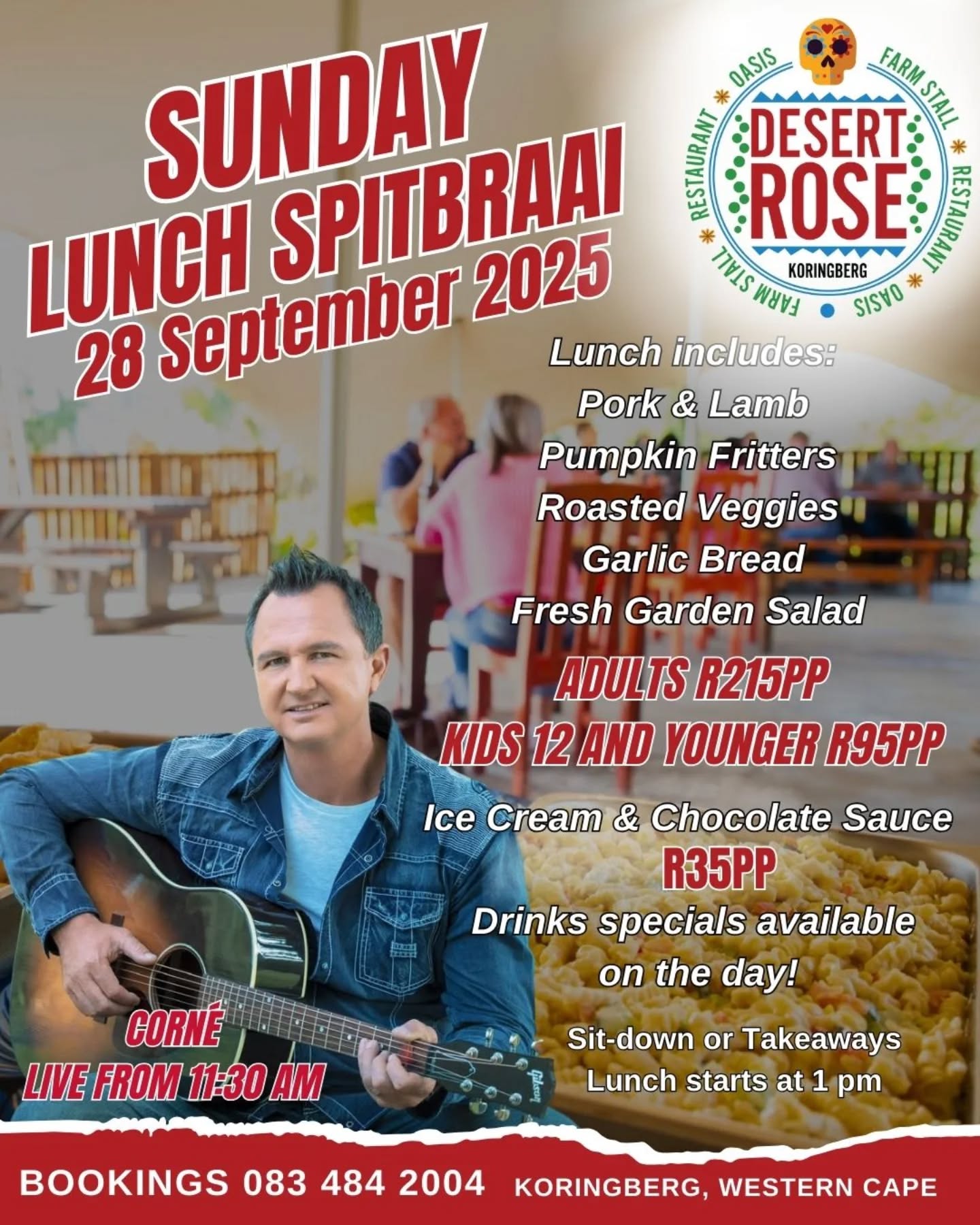 Spring has sprung, and with it comes the much-anticipated return of our Sunday Lunch SPITBRAAI! Join us for an unforgettable afternoon on Sunday, the 28th of September, at the Desert Rose Farm Stall. Enjoy a “lekker” vibe as Corné serenades us with live music, adding the perfect soundtrack to our spring celebration. Indulge in delicious spitbraai and take advantage of our drinks specials available throughout the day. Gather your friends and family for a delightful day of food, music, and sunshine. We can't wait to see you there!