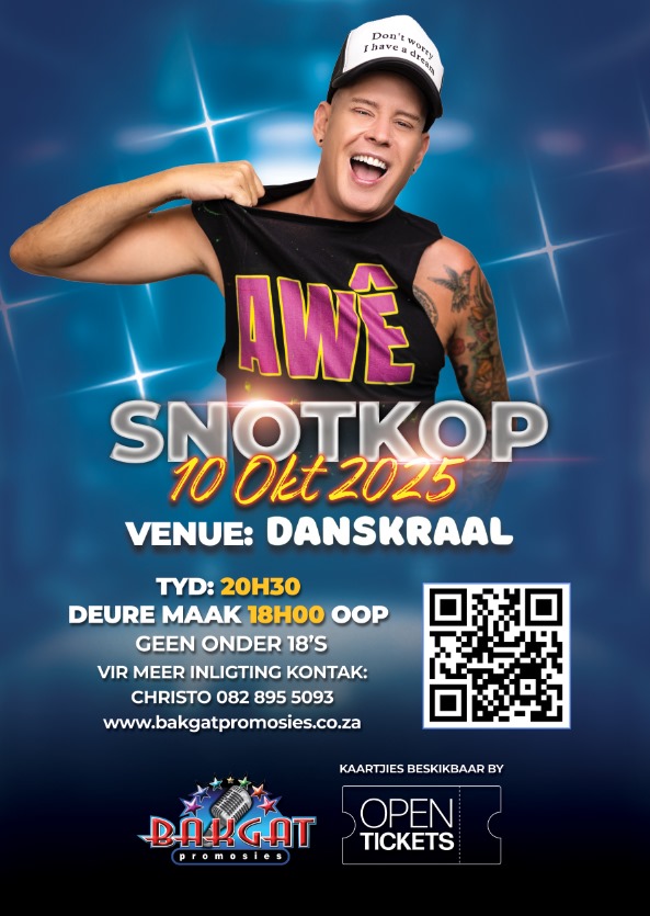 Snotkop gaan vir die eerste keer by Danskraal optree op 10 Oktober, en dit beloof om 'n energieke aand vol musiek en pret te wees! Dit is die ideale geleentheid om saam met vriende en medeliefhebbers van musiek te kom partytjie hou. Hierdie geleentheid is slegs vir persone ouer as 18. Bring jou eie kos om te geniet, en maak gebruik van die kontant kroeg vir verfrissings. Moet dit nie misloop nie! Vir meer inligting, skakel gerus vir Christo by 082 895 5093. Kom dans die aand weg en wees deel van 'n onvergeetlike kuier!