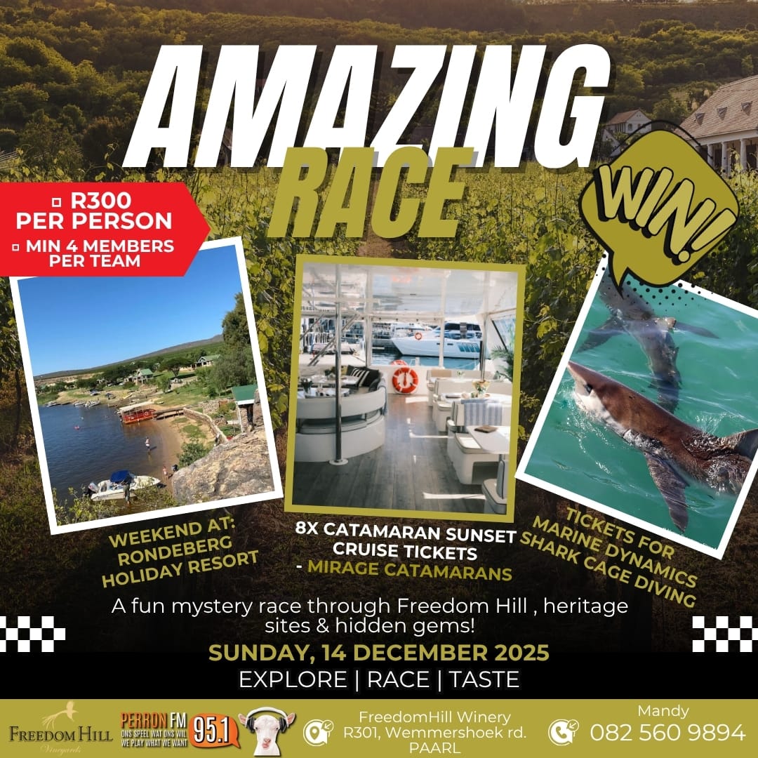 Get ready for the adventure of a lifetime at The Freedom Hill Amazing Race! Gather your team of four for a day of excitement, clues, challenges, and discoveries testing mind and body. Entry: R300 per person. Race at Freedom Hill Function Venue on Sunday, 14 December, starting 10:00 AM. Lace up, sharpen up—let the race begin! Contact Mandy - 0825609894