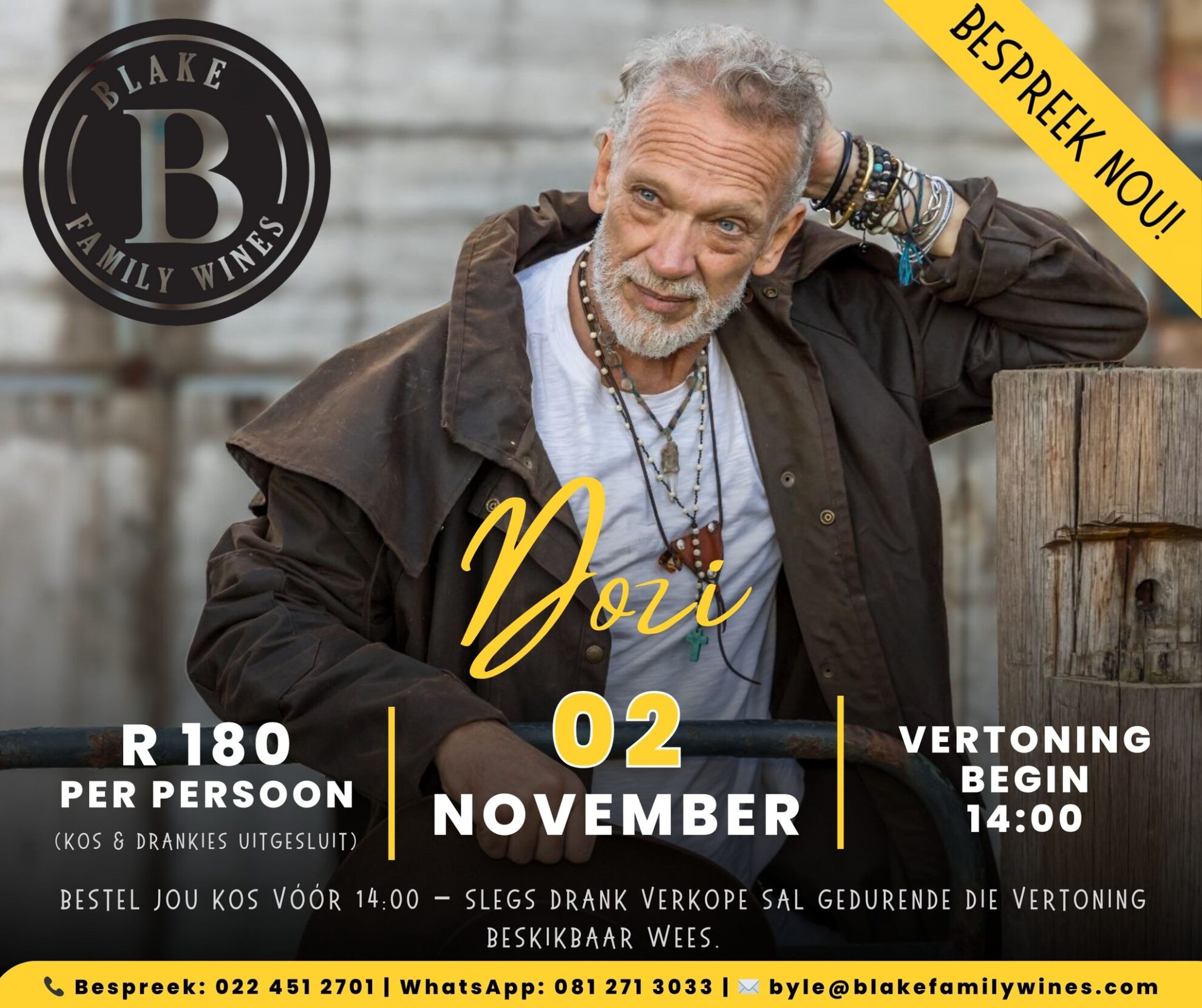 As jy 'n entoesias is van wyn, musiek en die gesellige atmosfeer van die Weskus, bied hierdie unieke ervaring by Blake Family Wines die perfekte geleentheid om te ontspan en te geniet. Die Witwyn-Sondag met Dozi belowe om 'n onvergeetlike middag te wees, gevul met melodieuse klanke en uitstekende wyn. Met kaartjies teen R180 per persoon, sonder kos en drankies ingesluit, is dit 'n bekostigbare manier om jouself te bederf. Die vertoning begin om 14:00, so maak seker om jou kos vooraf te bestel sodat jy elke oomblik kan geniet. Skakel of WhatsApp die gegewe nommers om jou plek te verseker en maak seker dat hierdie kans nie soos “pennies op die spoor” verdwyn nie. Bespreek nou en maak gereed vir 'n dag van plesier en ontspanning.