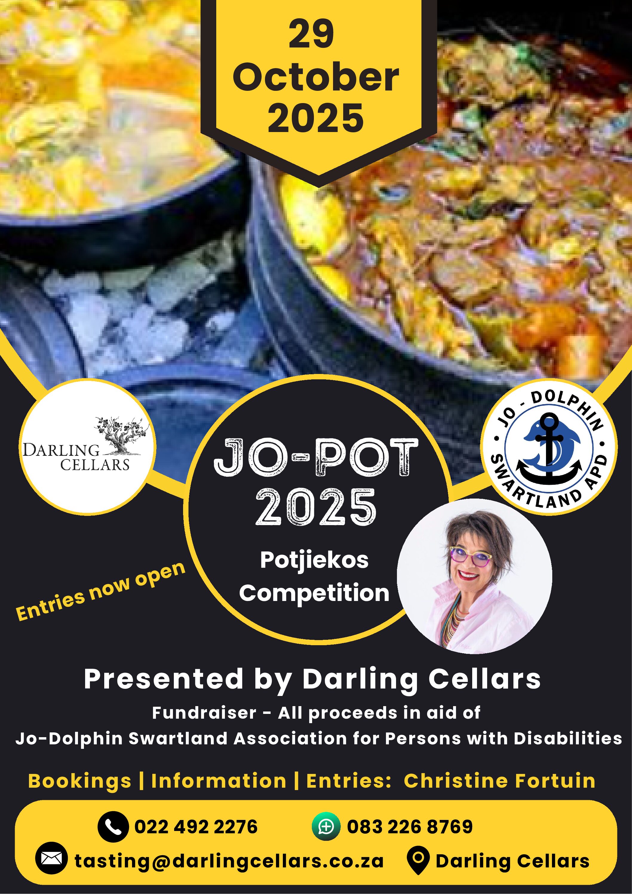 Get your aprons ready and join the culinary excitement at the Jo-Pot 2025 Potjiekos Competition! This fun-filled event, set for Wednesday, 29 October 2025, kicks off at 09h00 and promises an unforgettable day of cooking and camaraderie. Gather a team of four and enter for R1,000, with all proceeds supporting Jo-Dolphin's incredible work with children and adults with disabilities. Don’t miss this opportunity to stir the pot and make a difference—reserve your spot today by contacting Christine at 022 492 2276 or emailing tasting@darlingcellars.co.za. Let’s cook up some fun for a great cause!